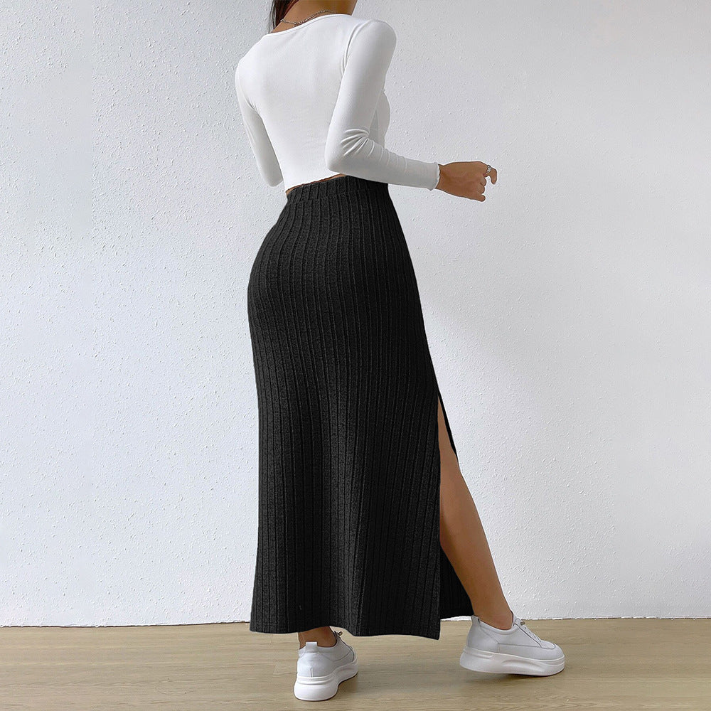 Damen Langer Strickrock mit diagonalen Rippen und hohem Bund Drune