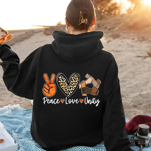 Damen Kapuzenpullover mit hochwertigem Peace-Love-Unity-Design Drune