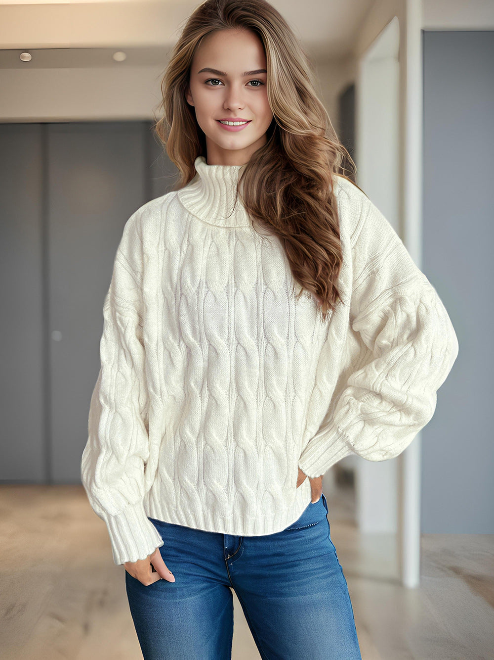 Damen Strickpullover mit hohem Kragen und strukturierter Zopfoptik Drune