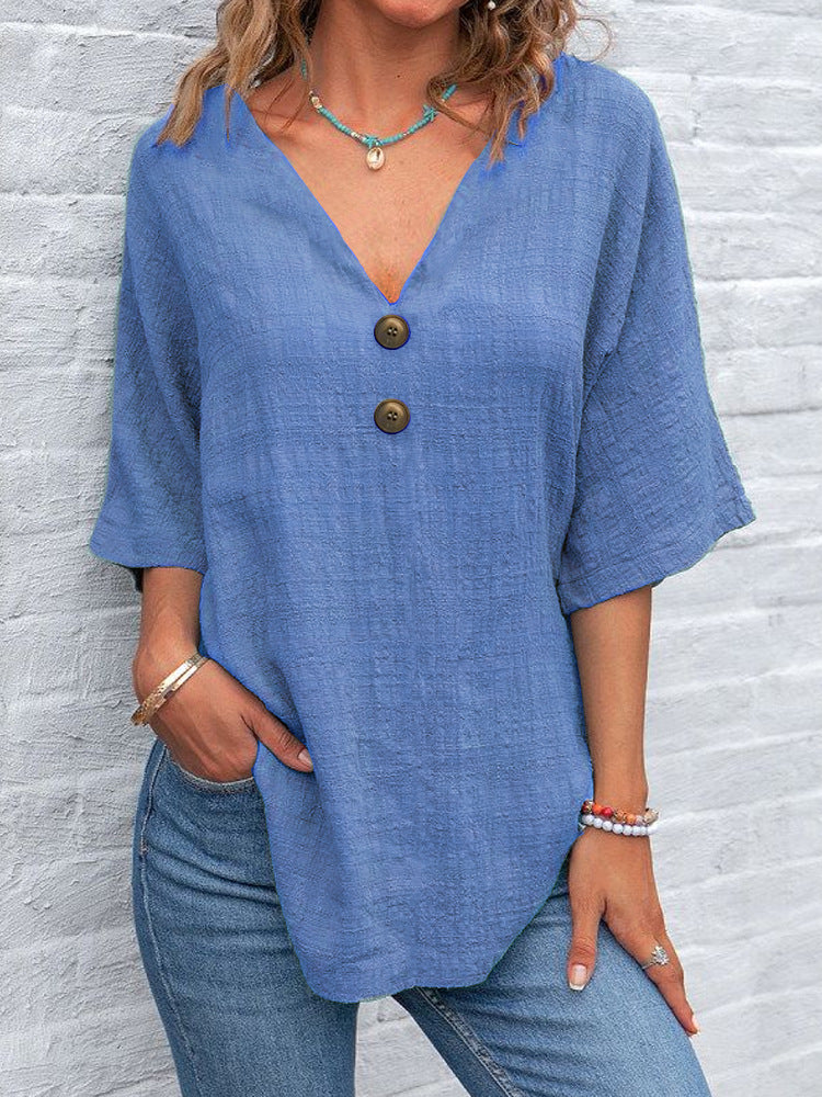 Damen V-Ausschnitt Bluse mit Knopfdetails Drune