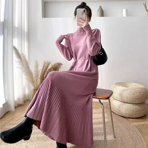 Damen Strickkleid mit Rippstruktur und Taillengürtel Drune