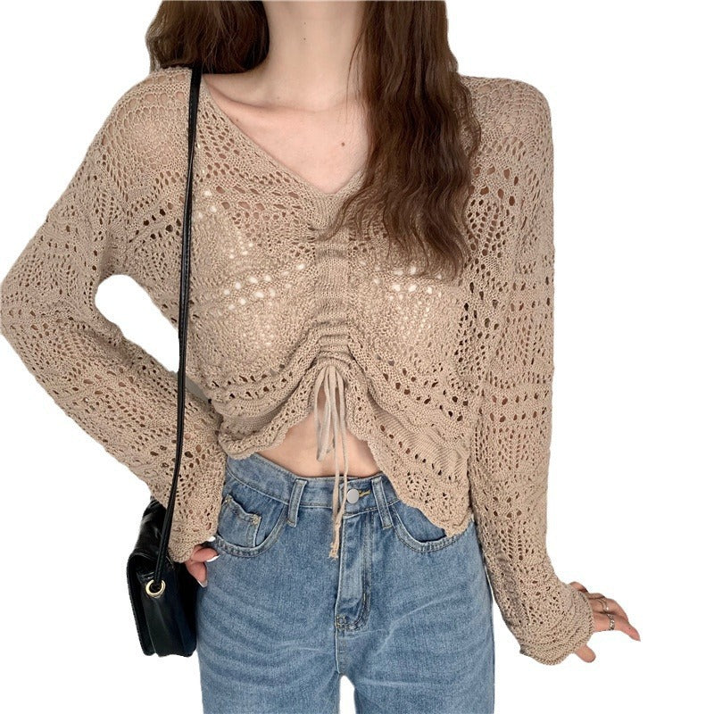 Damen luftiger Strickpullover mit Drop-Shoulder-Design und Kordelzug Drune