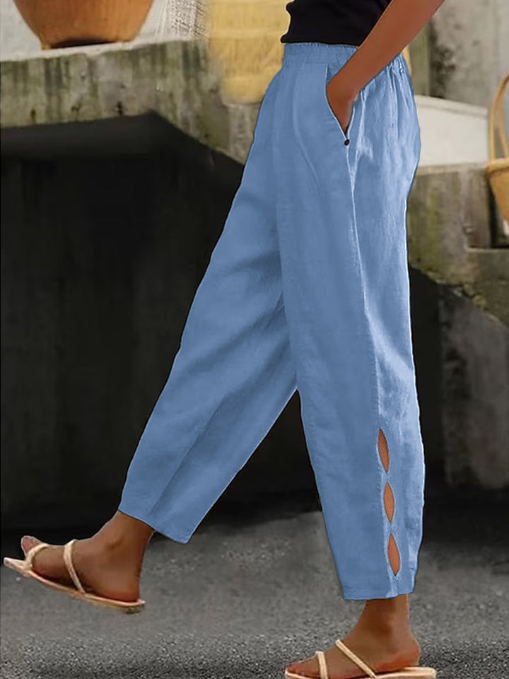 Damen Leichte Leinenhose mit seitlichen Schlitzen und elastischem Bund Drune