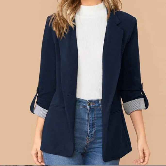 Damen stilvolle und vielseitige Blazerjacke mit umgeschlagenen Ärmeln Drune