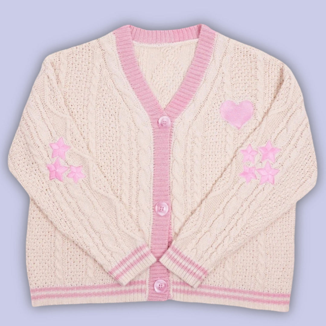 Damen nan gestrickte Cardigan mit Zopfmuster V-Ausschnitt und Herz- und Sternapplikationen Drune