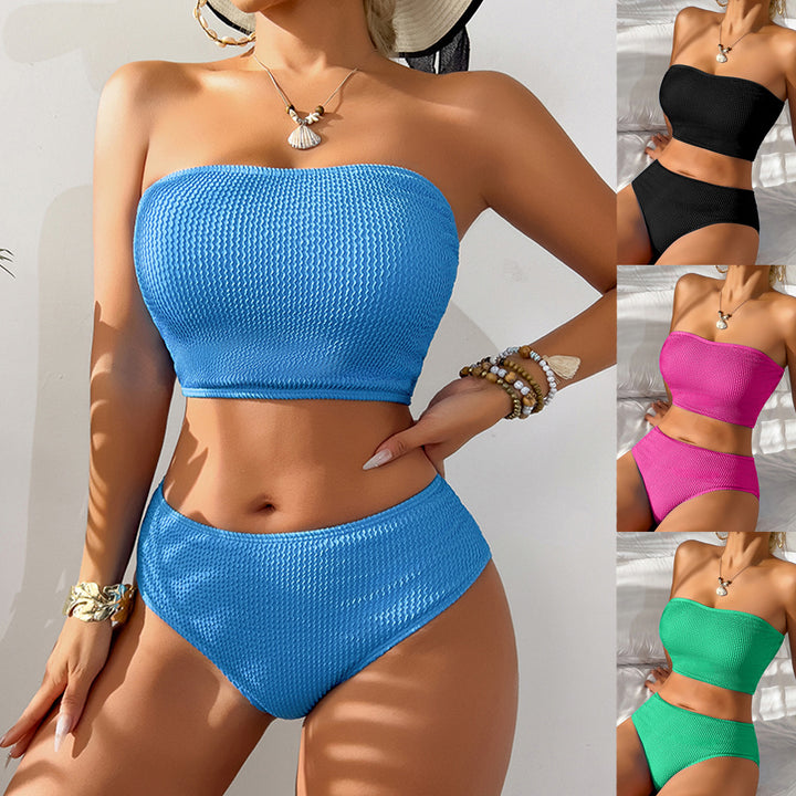 Damen Bandeau-Bikini mit strukturiertem Design und hohem Bund Drune