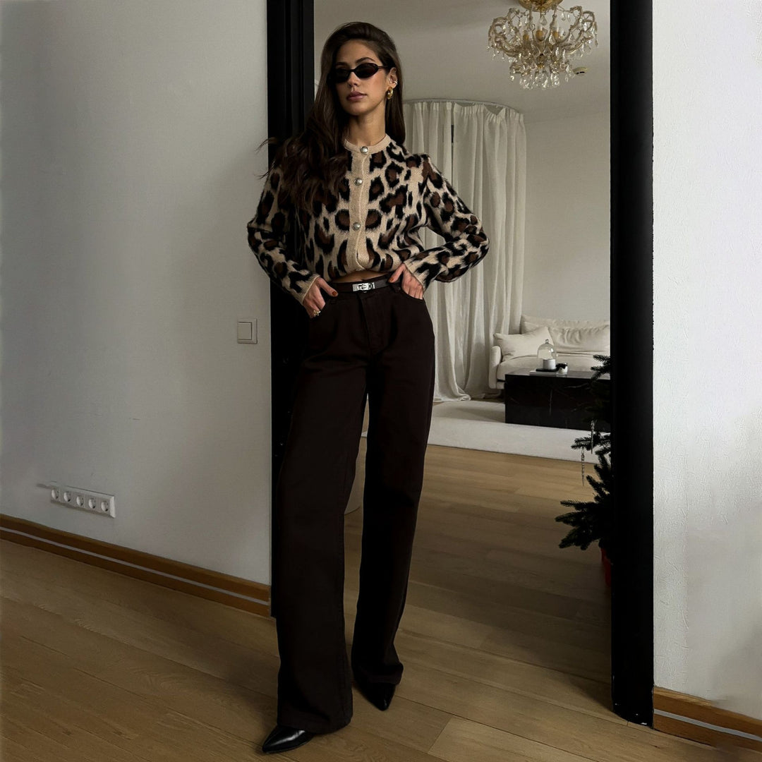 Damen Cardigan mit Leopardenmuster und Knopfdetails Drune