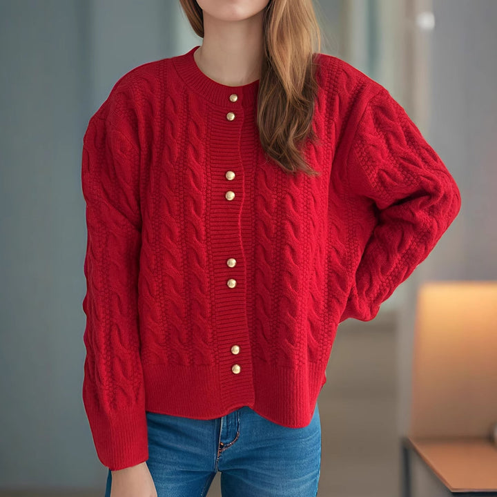 Damen Strickjacke mit eleganter Zopfmusterstruktur und dekorativen Knöpfen Drune
