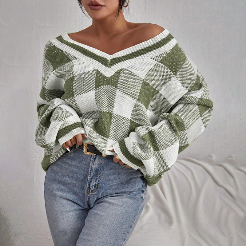 Damen Off-Shoulder Pullover im Karomuster mit langen Ärmeln Drune