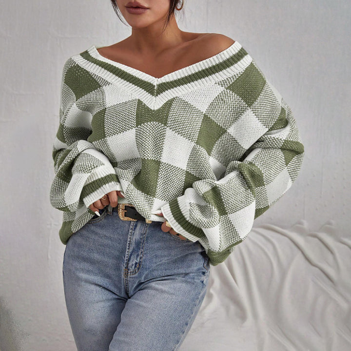 Damen Off-Shoulder Pullover im Karomuster mit langen Ärmeln Drune