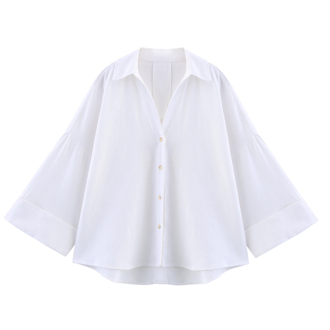 Damen lässige Bluse mit voluminösen Ärmeln und durchgehender Knopfleiste Drune