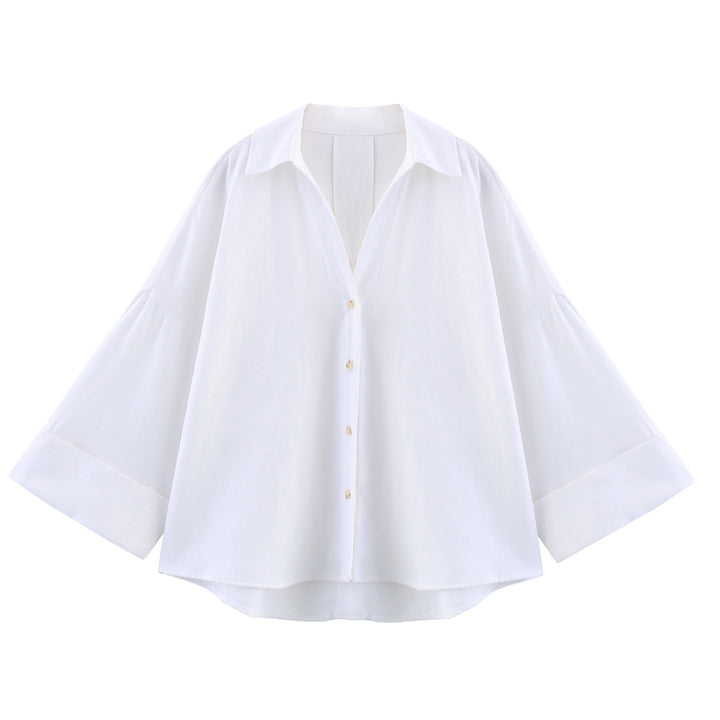 Damen lässige Bluse mit voluminösen Ärmeln und durchgehender Knopfleiste Drune