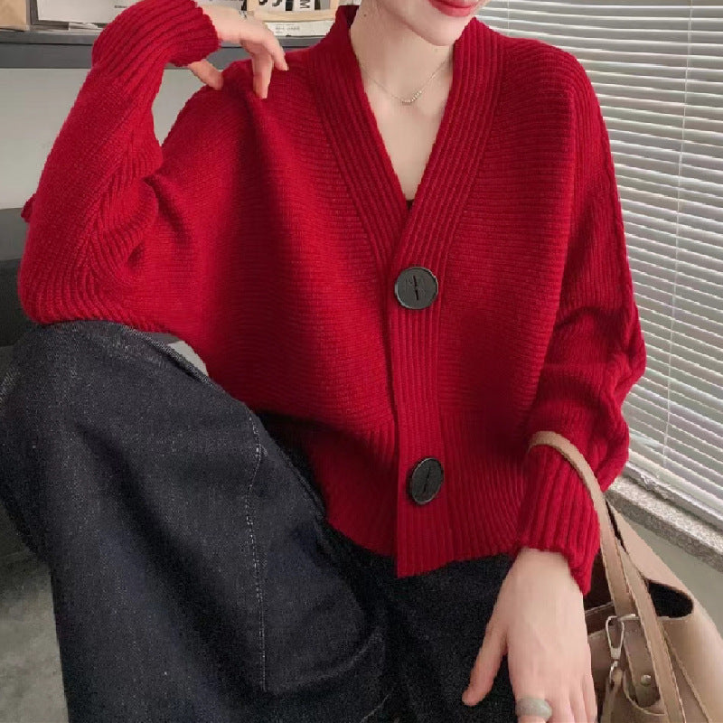 Damen kuschelige Strickjacke mit weitem Schnitt und großen Knöpfen Drune