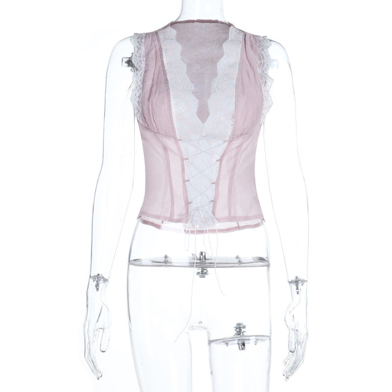 Damen Spitzen-Crop-Top mit raffinierten Rüschendetails und lässigem Schnitt Drune