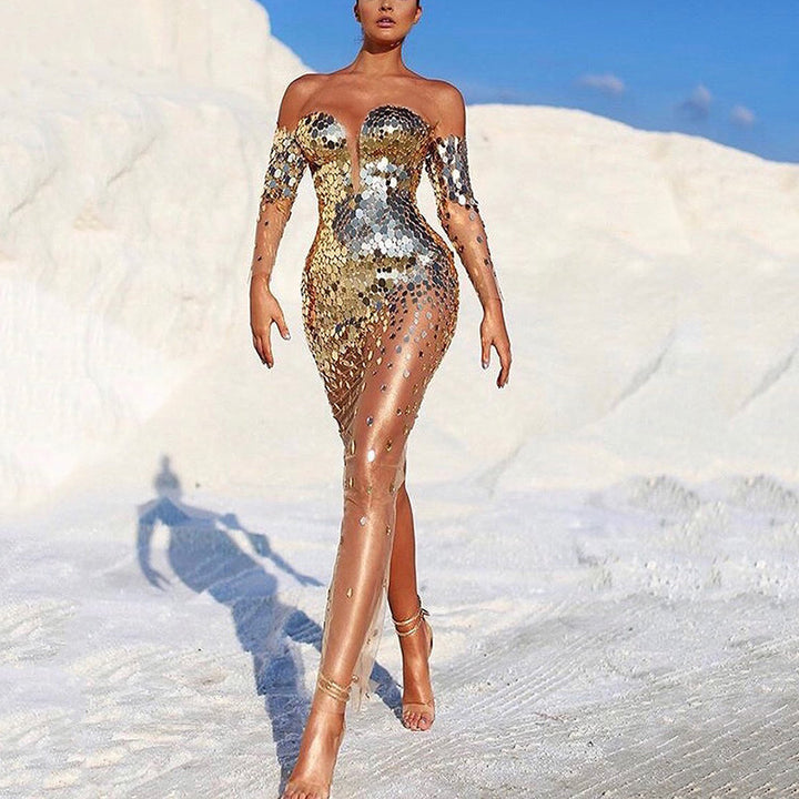 Damen Glamouröses Partykleid mit Pailletten und tiefem Ausschnitt Drune