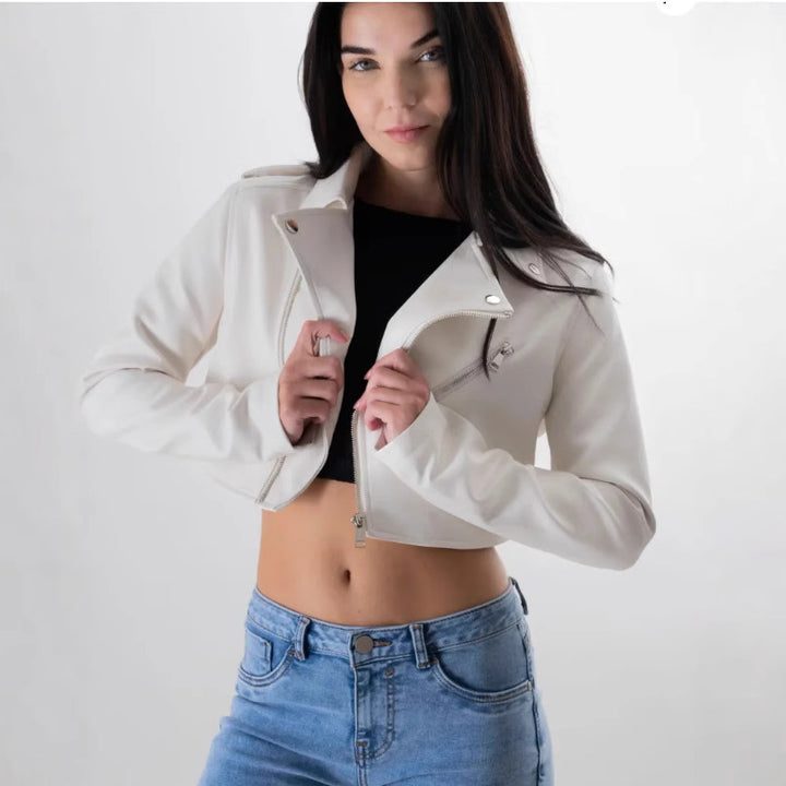 Damen modische cropped Bikerjacke aus Kunstleder Drune