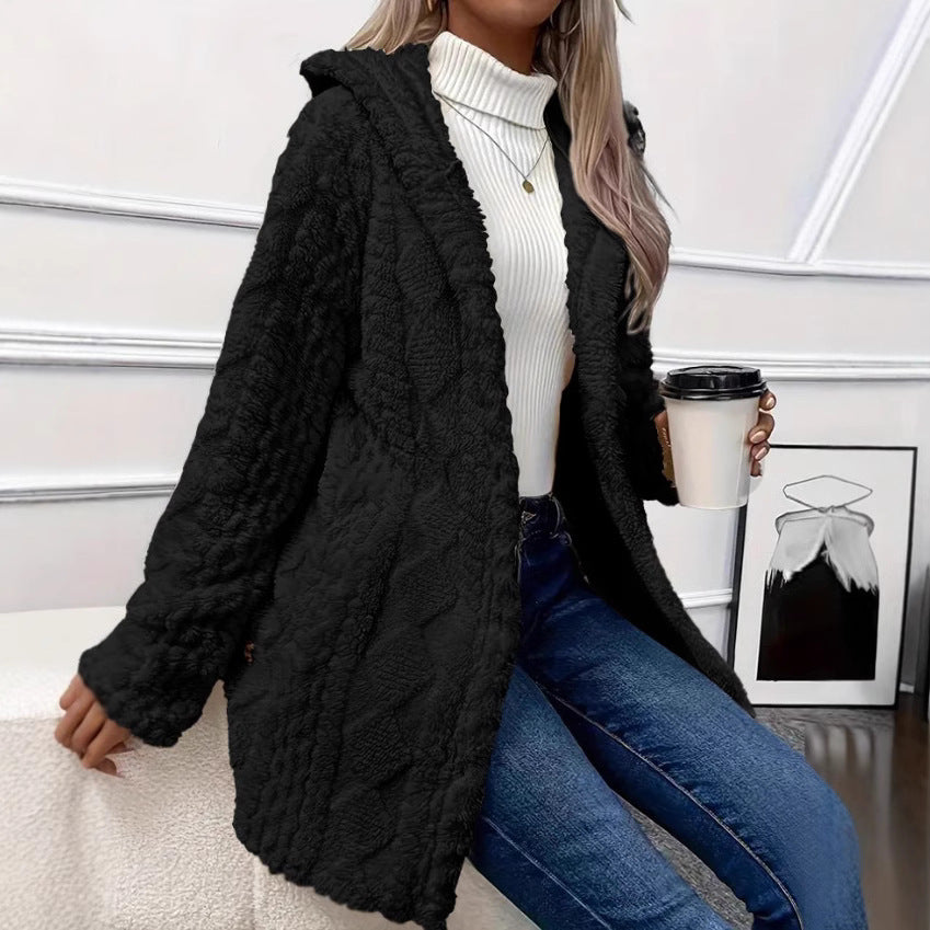 Damen kuscheliger Oversized-Mantel mit Kapuze und Knopfleiste Drune