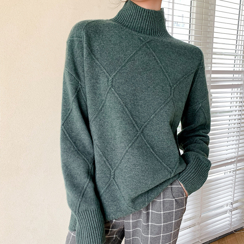 Damen Strickpullover mit hohem Kragen und Rautenmuster Drune