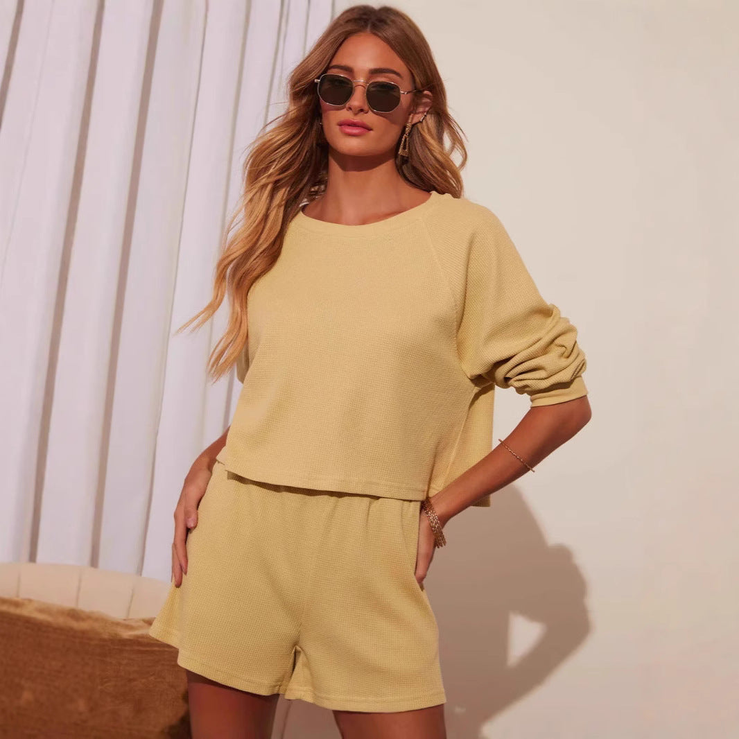 Damen lässiges Kurzarm-Oberteil und Shorts-Set im Waffelmuster Drune