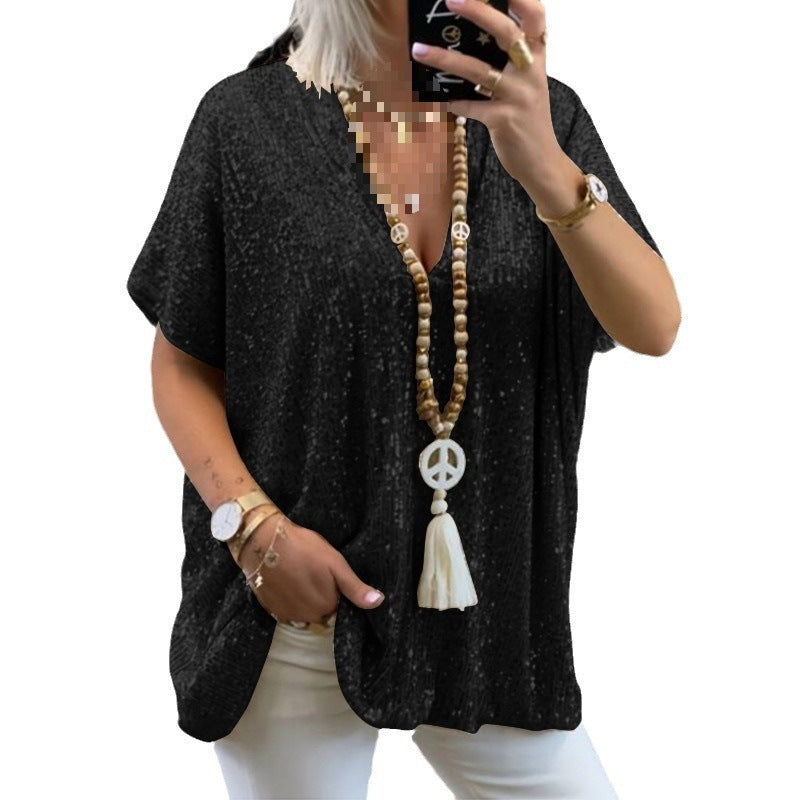 Damen Glamouröses Pailletten-Tunikashirt mit V-Ausschnitt Drune