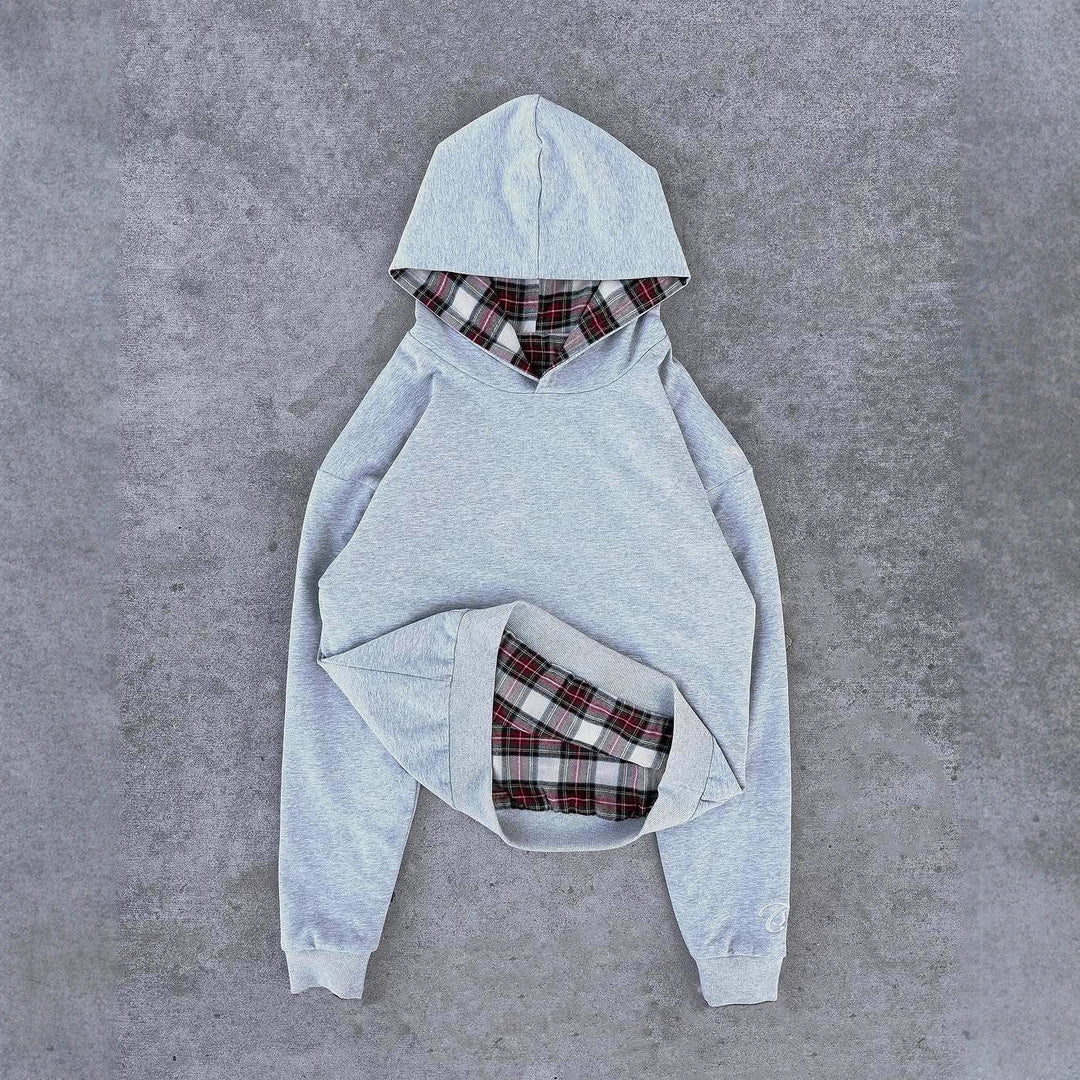 Damen lässiger Kapuzenpullover mit gestepptem Innenfutter und kontrastierendem Karomuster Drune