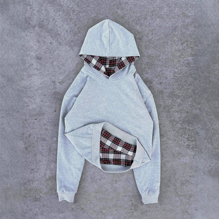 Damen lässiger Kapuzenpullover mit gestepptem Innenfutter und kontrastierendem Karomuster Drune