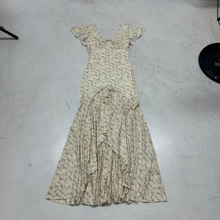 Damen Maxikleid mit romantischem Blumenmuster und verspieltem V-Ausschnitt Drune