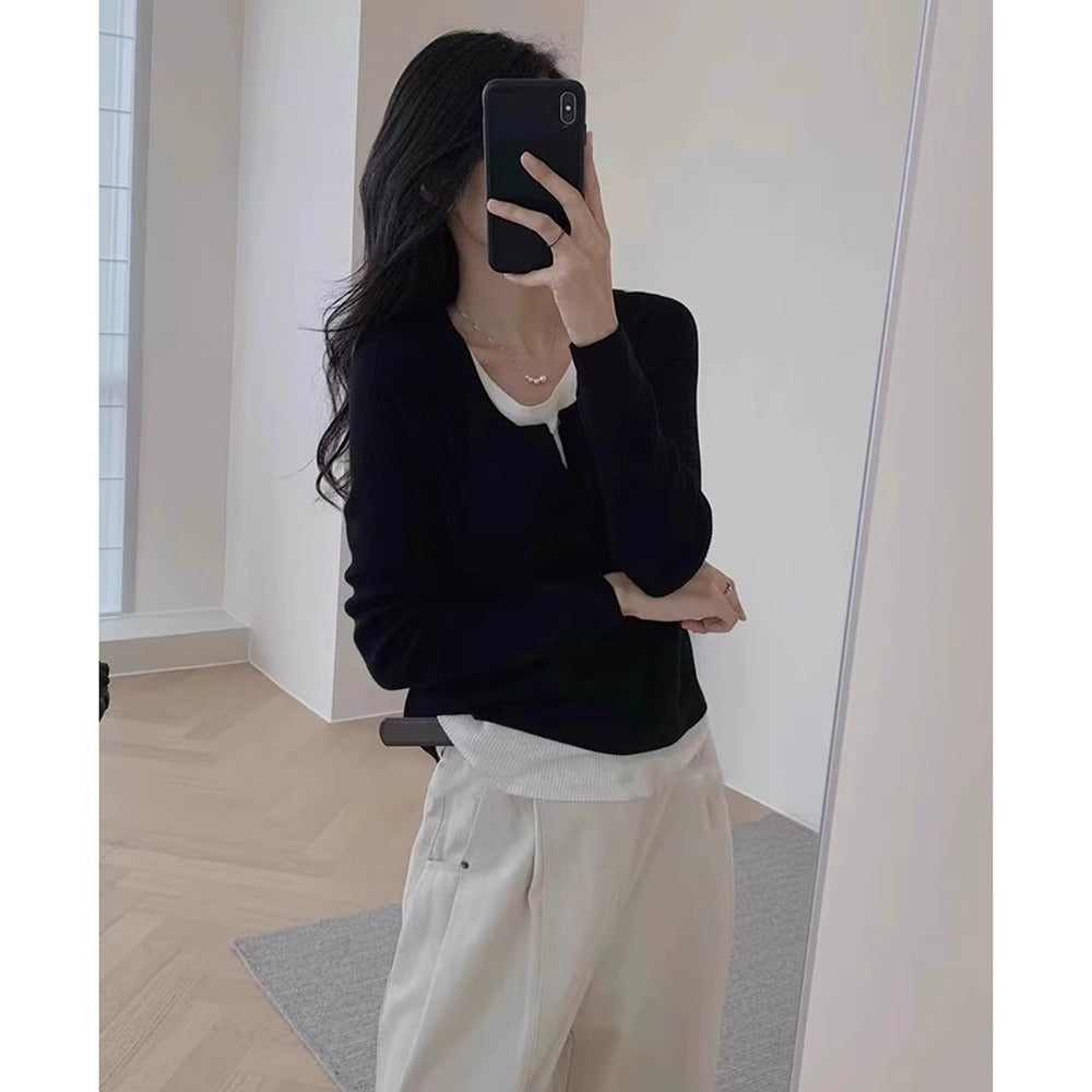 Damen eleganter und bequemer Pullover mit V-Ausschnitt und weiten Hosen Drune