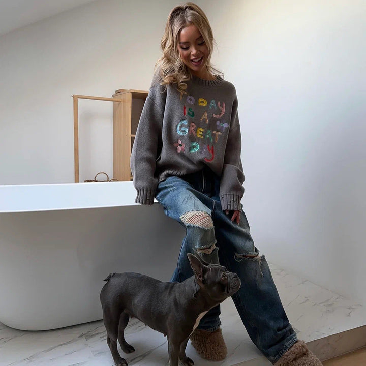 Damen oversized Sweatshirt mit buntem Stickdesign Drune