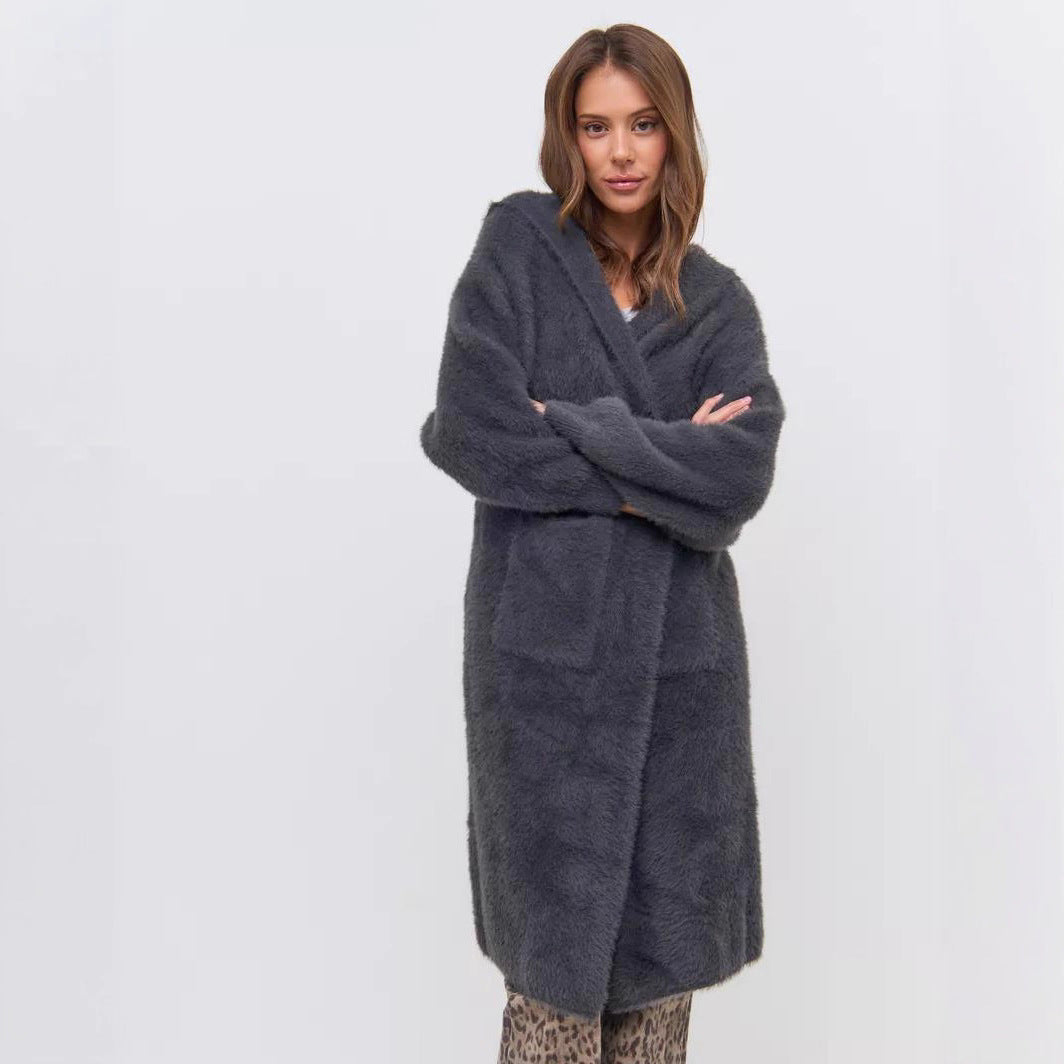 Damen Kapuzen-Strickmantel mit luxuriösem Flauschteil Drune
