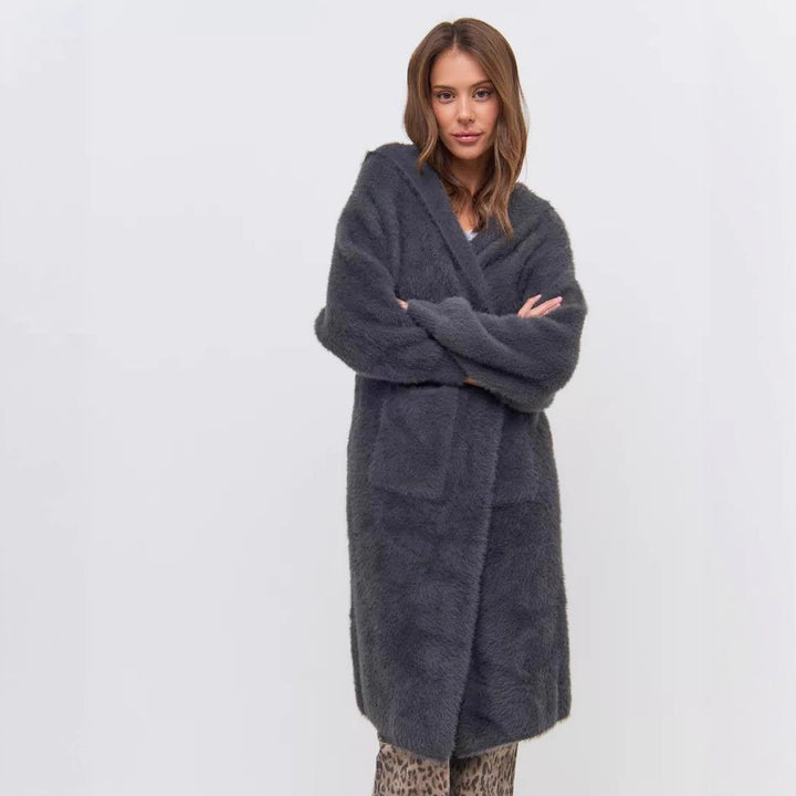 Damen Kapuzen-Strickmantel mit luxuriösem Flauschteil Drune