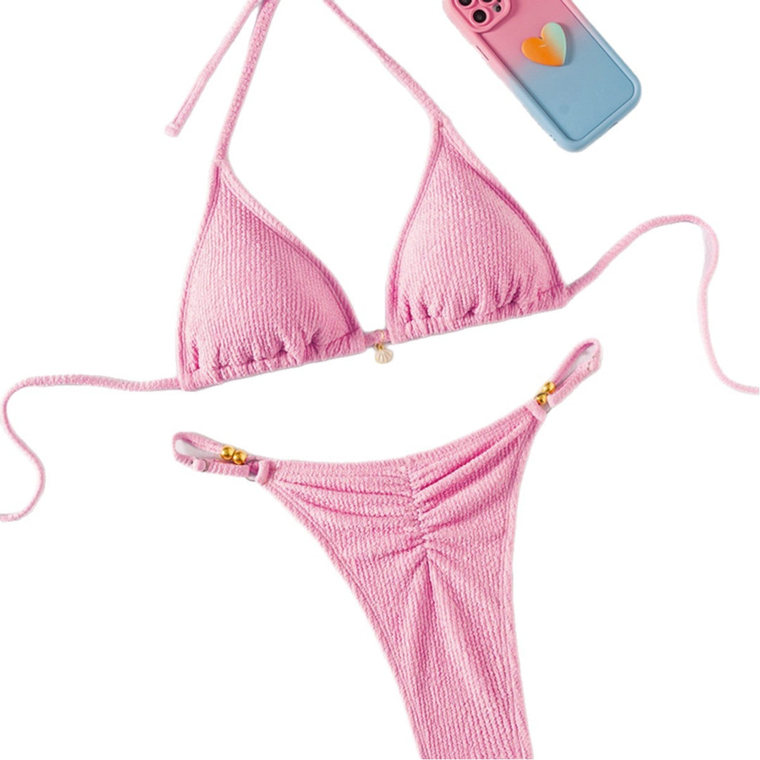 Damen Triangel-Bikini im modernen Streifen-Design mit eleganten Perlendetails Drune
