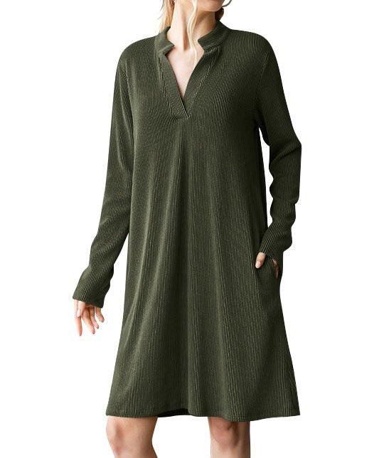 Damen lässiges Langarmkleid mit Knopfleiste und Taschen Drune