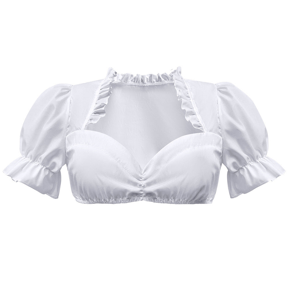Damen nan traditionelle Dirndlbluse kurz mit Puffärmeln Herzausschnitt und Rüschendetail Drune