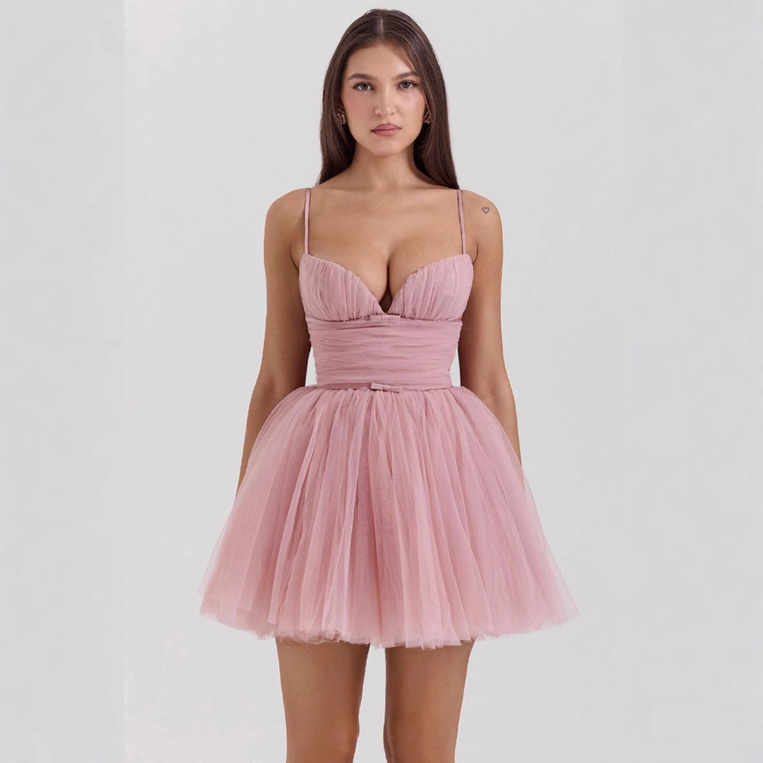 Damen Tüll Cocktailkleid mit tiefem V-Ausschnitt und gerafftem Oberteil Drune