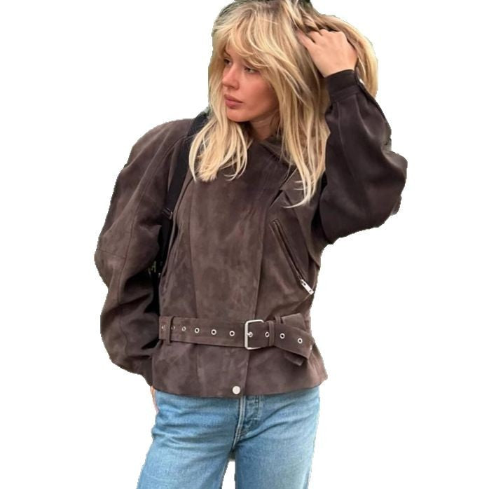 Damen Modische Wildlederjacke mit Taillengürtel Drune