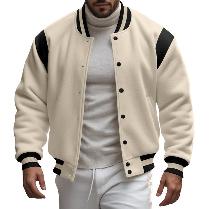 Herren nan College-Baseballjacke mit Druckknopfleiste, geripptem Kragen und kontrastierten Schulterpassen Drune