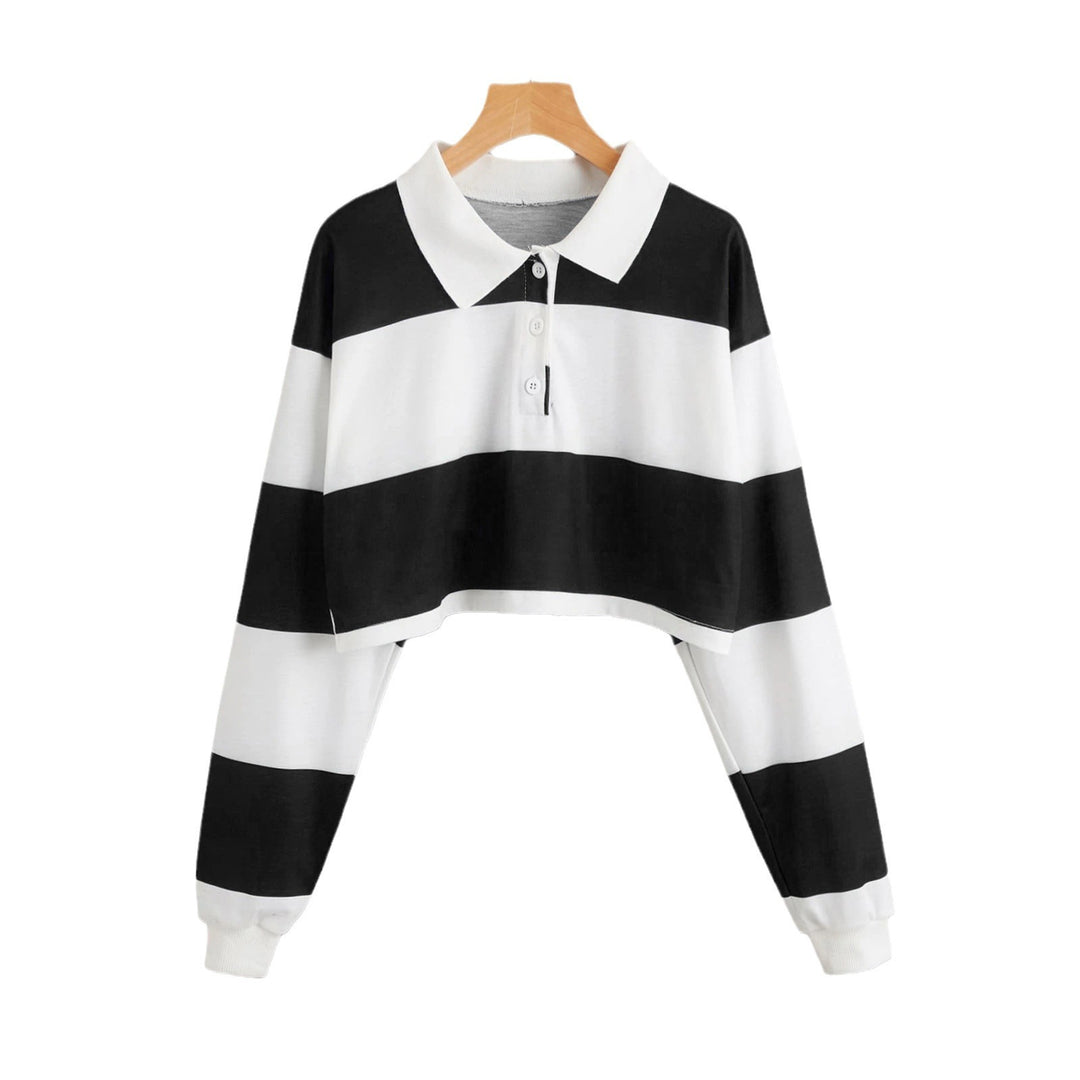 Damen Kurzarm-Polo-Sweater mit bunten Streifen Drune