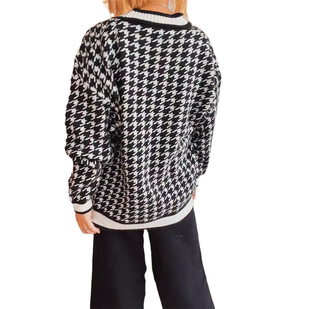 Damen oversized Strickjacke im klassischen Hahnentrittmuster Drune