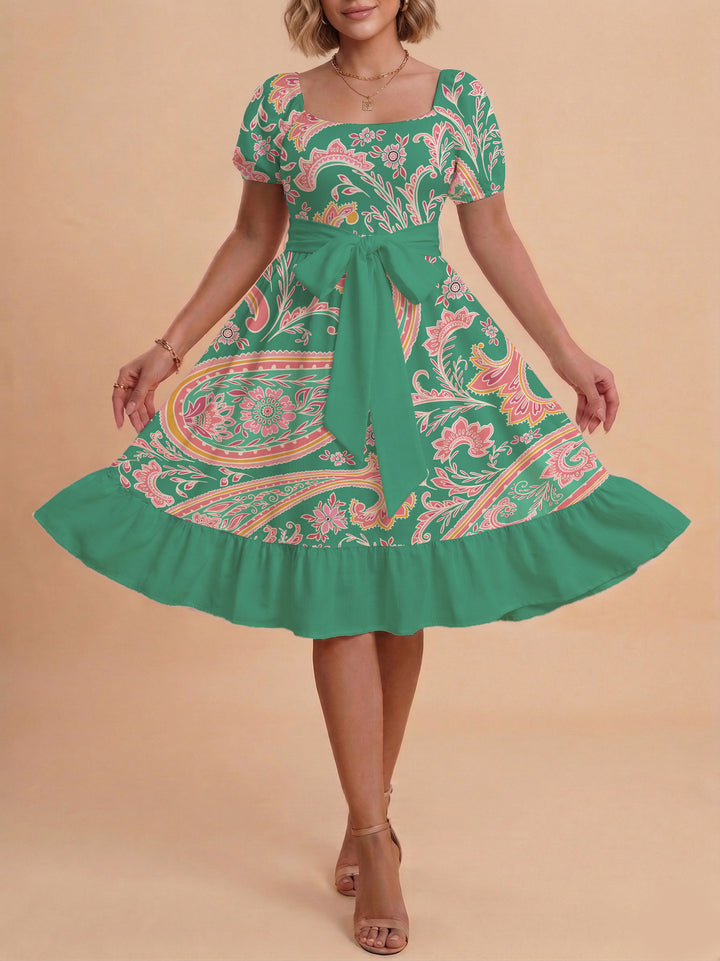 Damen elegantes Maxikleid mit floralem Design und Taillengürtel Drune