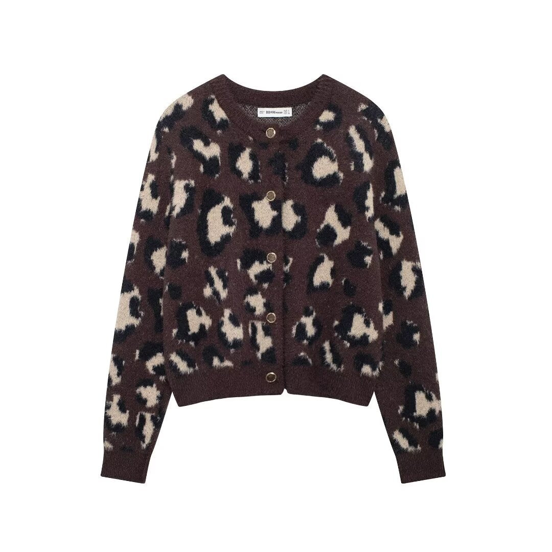 Damen nan kuschelige Strickjacke mit Leopardenmuster, Rundhalsausschnitt und durchgehender Knopfleiste Drune