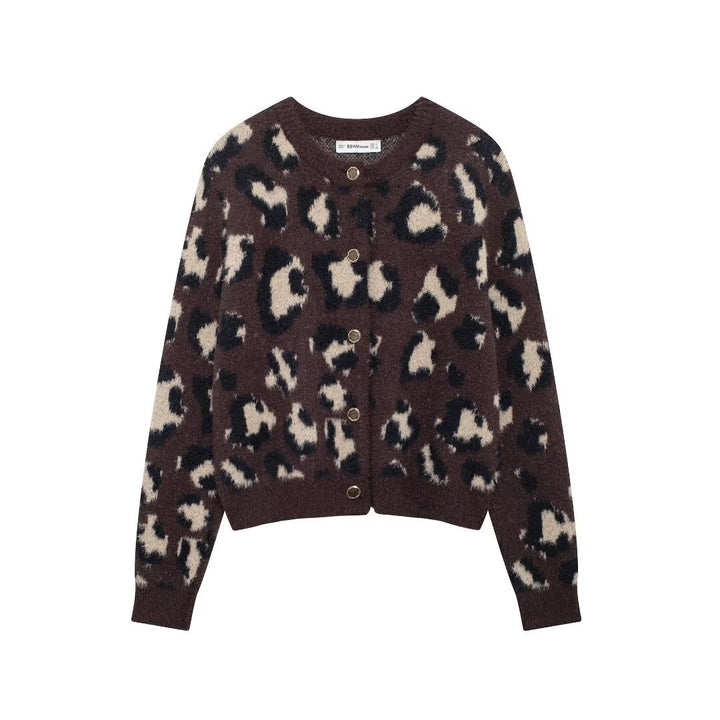Damen nan kuschelige Strickjacke mit Leopardenmuster, Rundhalsausschnitt und durchgehender Knopfleiste Drune