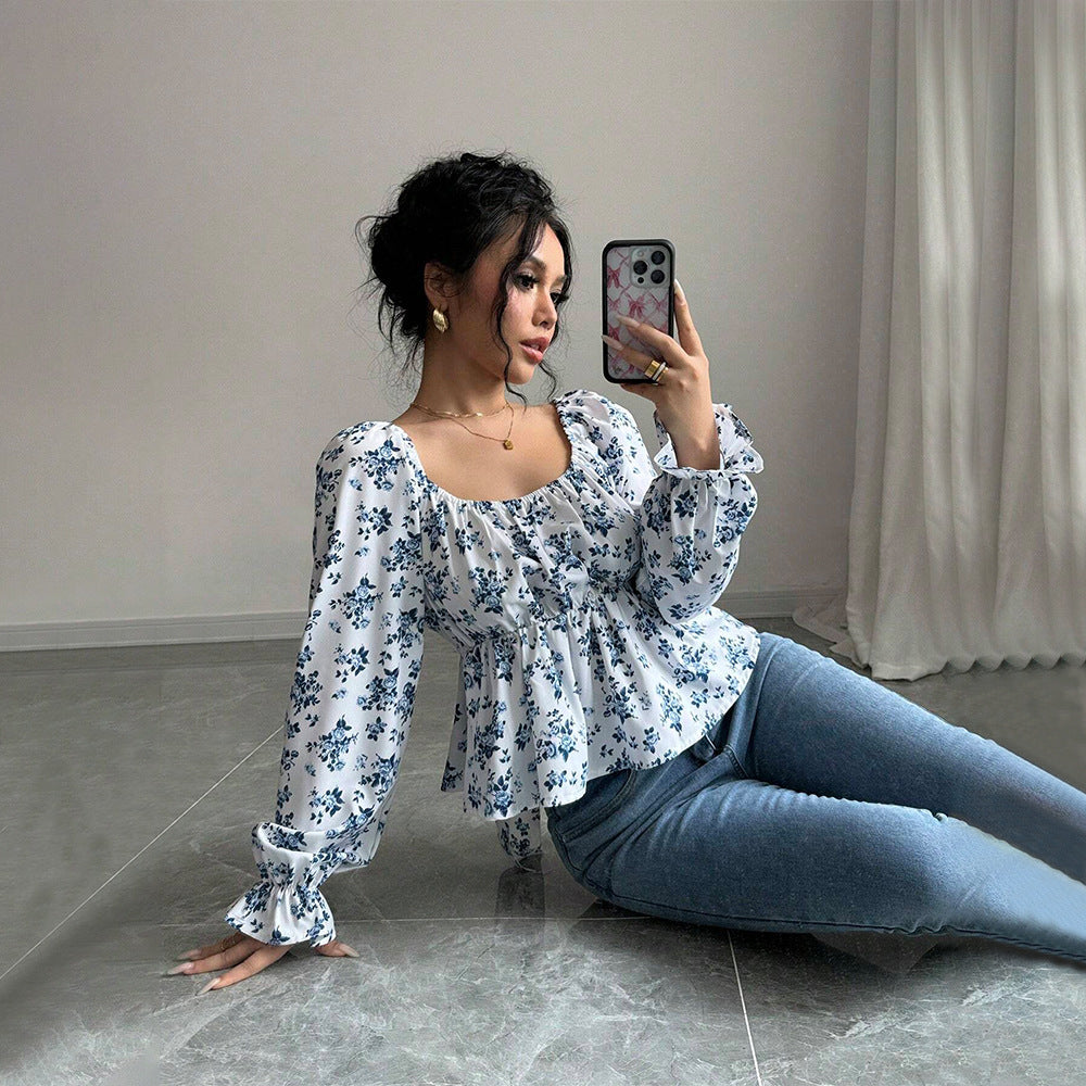 Damen Bluse mit floralem Design und voluminösen Ärmeln Drune