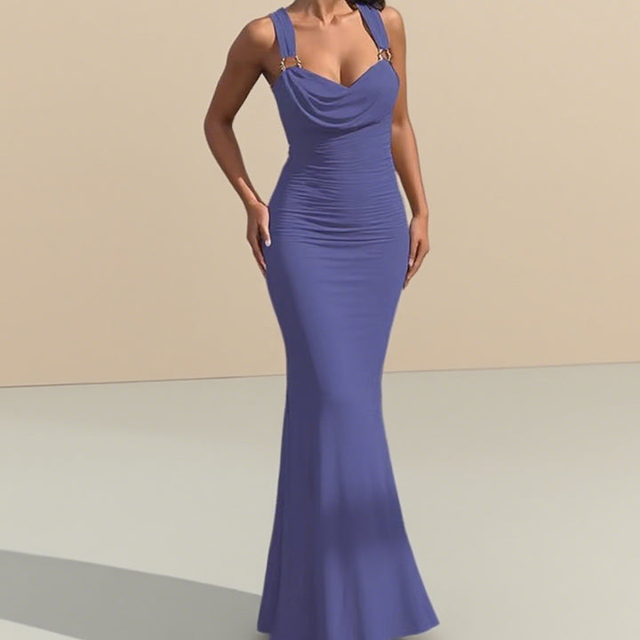 Damen Elegantes figurbetontes Abendkleid mit drapiertem Oberteil und goldenen Trägern Drune