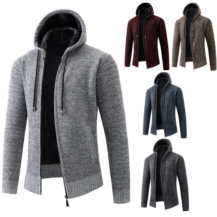 Herren nan melierte Strickzip-Kapuzenjacke mit wärmendem Teddyfutter, verdecktem Zwei-Wege-Reißverschluss und elastischen Bündchen Drune