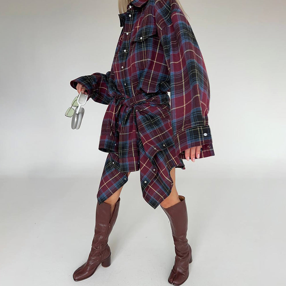 Damen Oversized Karo-Hemd mit drapiertem Schnitt und Druckknopf-Details Drune