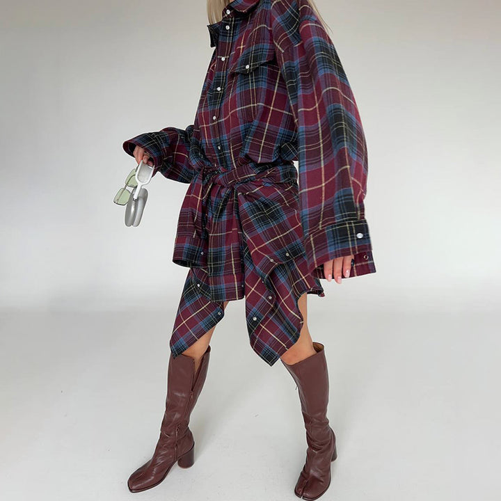 Damen Oversized Karo-Hemd mit drapiertem Schnitt und Druckknopf-Details Drune