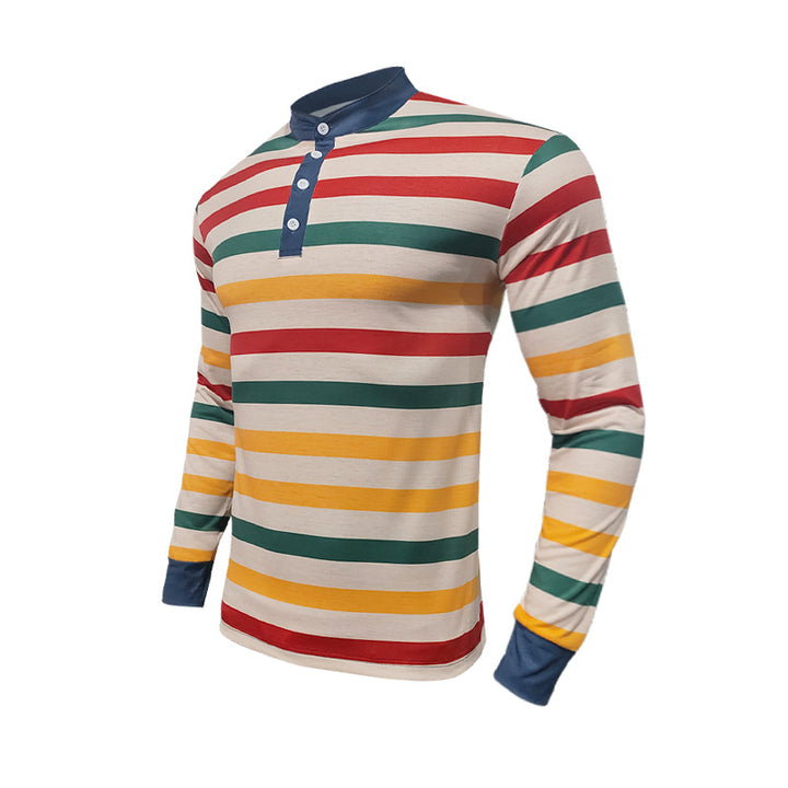 Herren nan gestreiftes Langarm-Henleyshirt mit Stehkragen und Knopfleiste Drune
