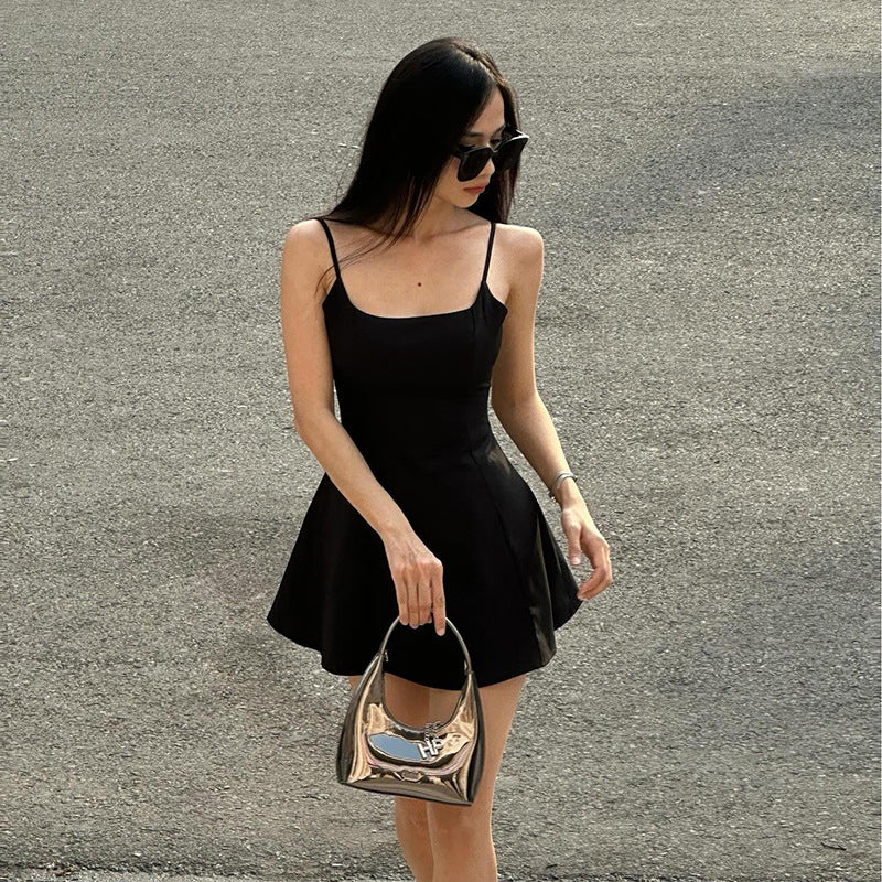 Damen tolles A-Linien Kleid mit Spaghettiträgern und schwingendem Rock Drune