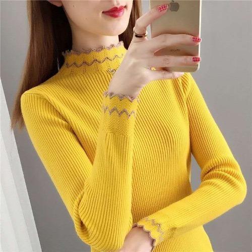 Damen Strickpullover mit steigendem Kragen und Wellenmuster Drune